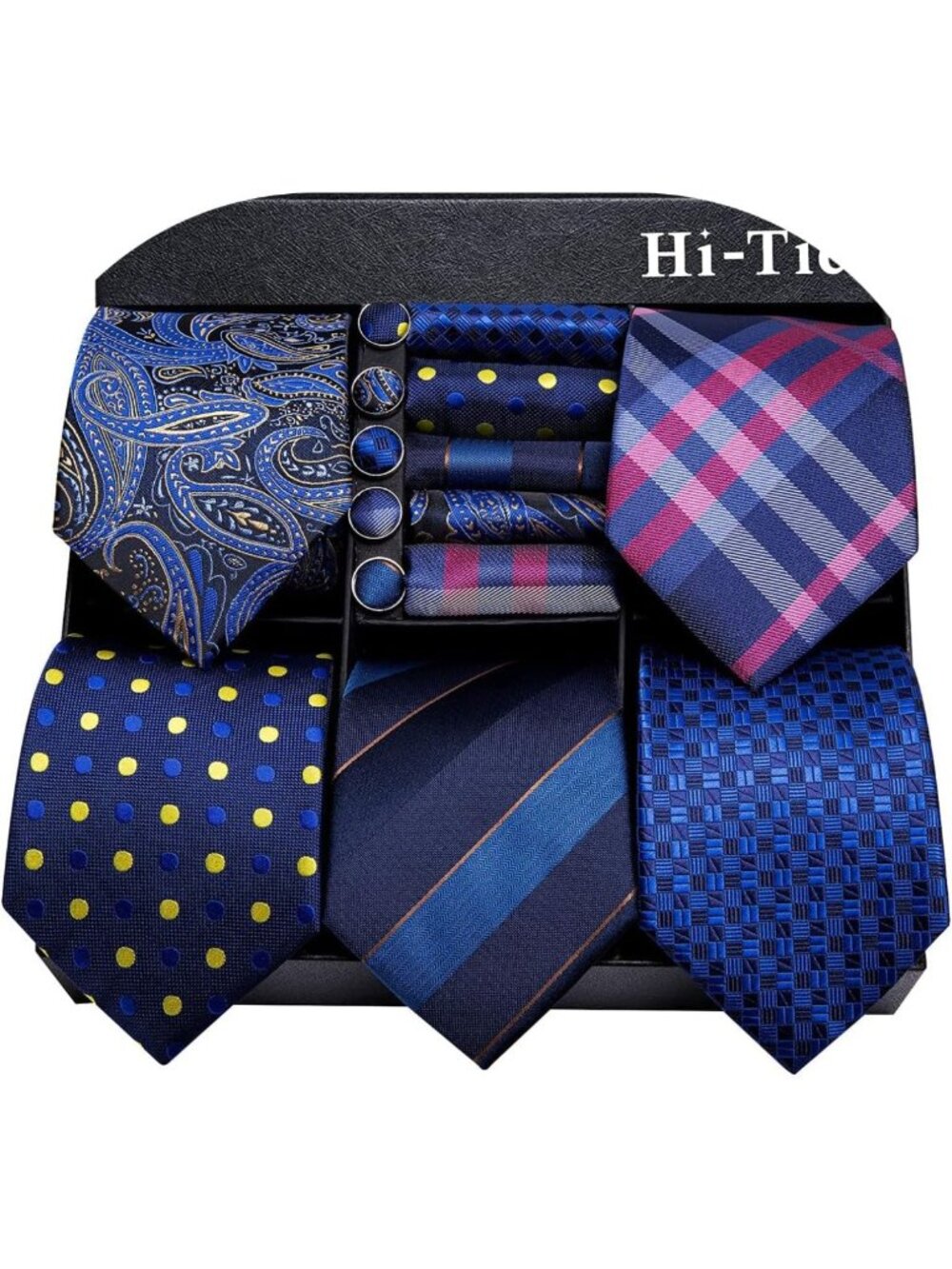 Men's Silk Tie Set with Pocket Square & Cufflinks - 5 Pcs Gift Box Collection